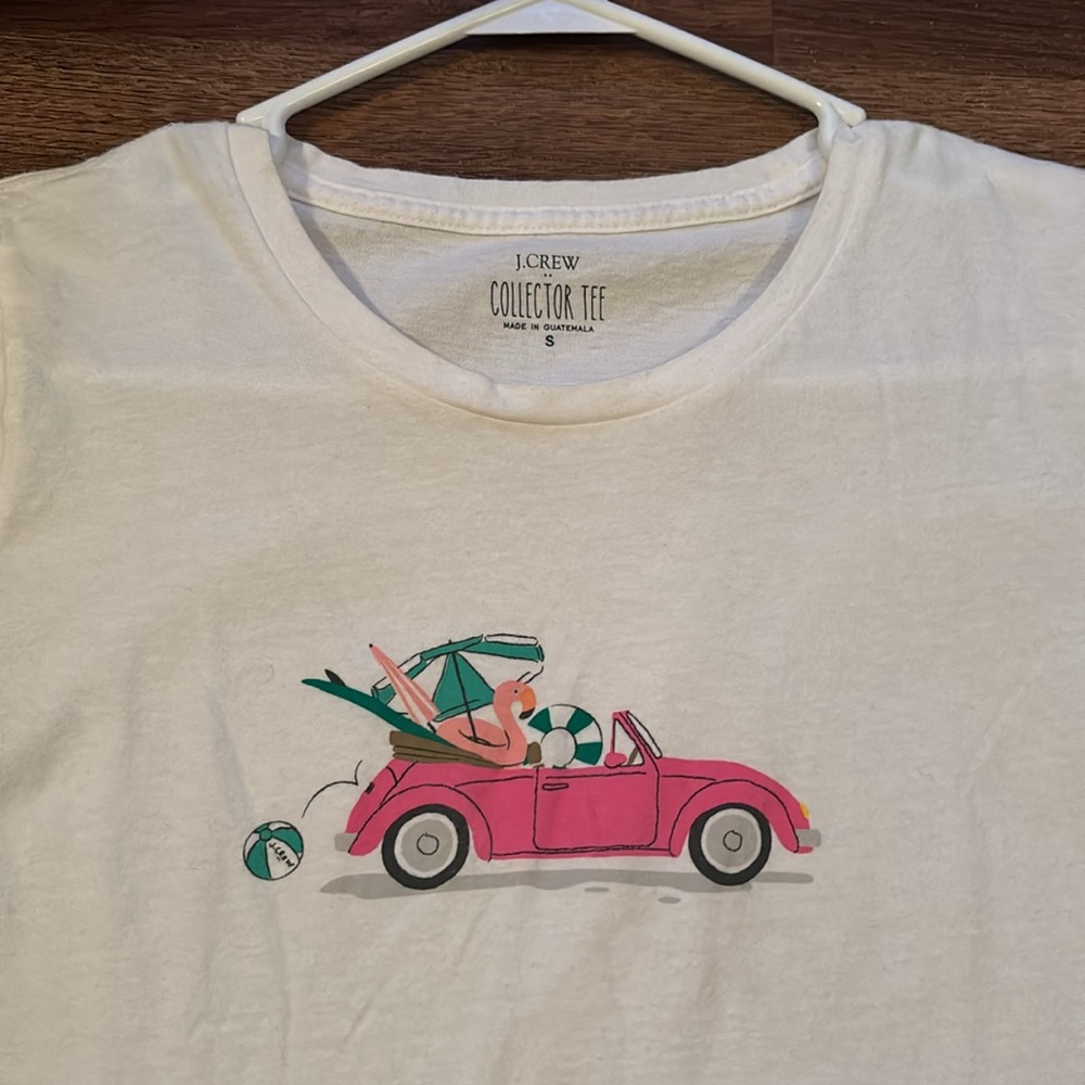 J. Crew White Tee with Pink Car and Green Palm Design - Picture 2 of 6